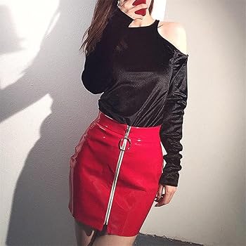 Women Sexy High Waist Zipper Shiny Skirts PU Leather Mini